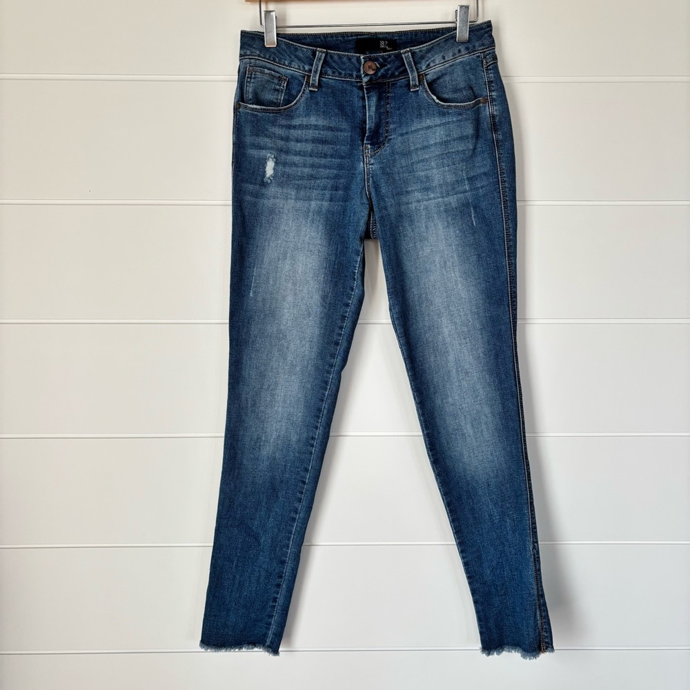 1822 Denim Blue Skinny Jeans with Stretch Frayed Hem Size 6